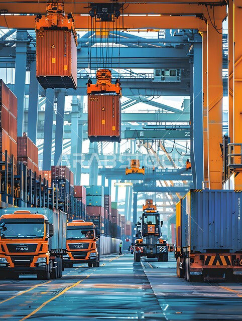 ساحة شحن البضائع في محطة الميناء، مفهوم التحميل والتفريغ والتسليم، مرفأ تجاري لتوصيل السلع والمنتجات المحلية في البحار، مفهوم التجارة والصناعة والاقتصاد البحري، استخدام الرافعات في تعبئة وشحن البضائع التجارية