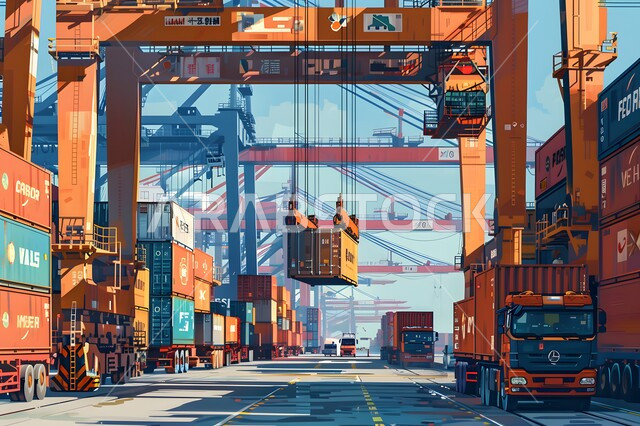 ساحة شحن البضائع في محطة الميناء، مفهوم التحميل والتفريغ والتسليم، مرفأ تجاري لتوصيل السلع والمنتجات المحلية في البحار، مفهوم التجارة والصناعة والاقتصاد البحري، استخدام الرافعات في تعبئة وشحن البضائع التجارية