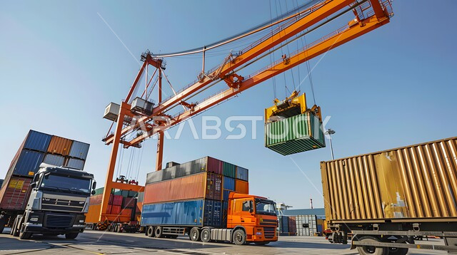 ساحة شحن البضائع في محطة الميناء، مفهوم التحميل والتفريغ والتسليم، مرفأ تجاري لتوصيل السلع والمنتجات المحلية في البحار، مفهوم التجارة والصناعة والاقتصاد البحري، استخدام الرافعات في تعبئة وشحن البضائع التجارية