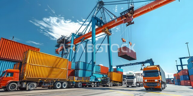 ساحة شحن البضائع في محطة الميناء، مفهوم التحميل والتفريغ والتسليم، مرفأ تجاري لتوصيل السلع والمنتجات المحلية في البحار، مفهوم التجارة والصناعة والاقتصاد البحري، استخدام الرافعات في تعبئة وشحن البضائع التجارية