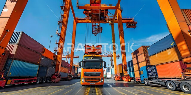 ساحة شحن البضائع في محطة الميناء، مفهوم التحميل والتفريغ والتسليم، مرفأ تجاري لتوصيل السلع والمنتجات المحلية في البحار، مفهوم التجارة والصناعة والاقتصاد البحري، استخدام الرافعات في تعبئة وشحن البضائع التجارية