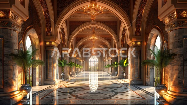 الأقواس المزخرفة الذهبية, الشجيرات والنباتات الصناعية الخضراء، تصاميم داخلية وديكورات راقية على الطراز الحديث في المملكة العربية السعودية، النمو والتقدم العمراني، أثاث أنيق ومريح