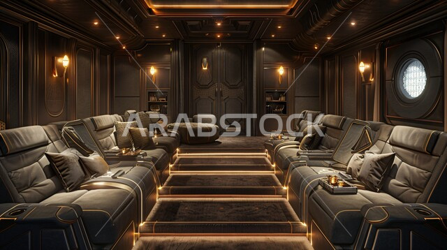 ديكورات داخليه متميزة لغرف الجلوس باللون الاسود والذهبي, شقق وفلل سكنية, فنادق ومنتجعات فاخره, إعداد مسرح منزلي مريح, غرفة معيشة بتصاميم حديثه، أثاث منزلي راقي، تصميمات عصرية فاخرة