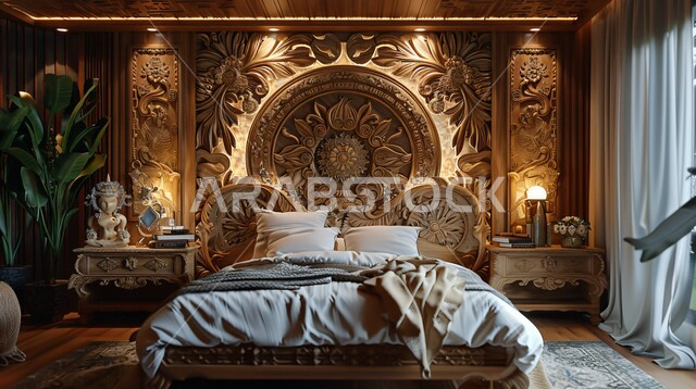 تصميم داخلى لغرفة نوم بأسلوب حديث، شقق وفلل سكنية وقصور بديكورات متطورة، أثاث منزلي أنيق ومريح، فن الهندسة المعمارية والديكور، غرف بتصاميم عصرية فاخرة, مفهوم الاسترخاء والهدوء
