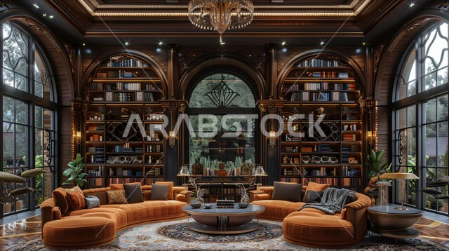 مكتبة فاخرة بوسائد ملونة ونوافذ ضخمة, الزخارف والألوان المميزة, أثاث واكسسوارات ومعدات مكتبية، تصاميم عصرية راقية، غرف مكتبية بتصميم داخلي وديكورات حديثة، الفن الهندسي المعماري على الطراز العصري