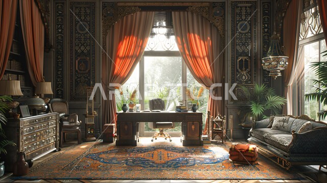 Huge glass windows and nature view, modern design for home office rooms in Saudi Arabia, elegant interior designs and decorations with luxurious and comfortable furniture for office rooms, advanced architecture, reading and sitting rooms