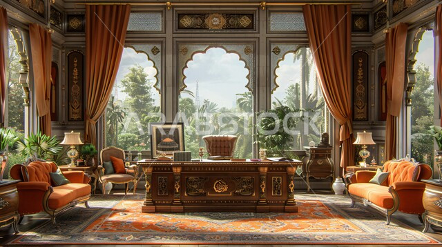 Huge glass windows and nature view, modern design for home office rooms in Saudi Arabia, elegant interior designs and decorations with luxurious and comfortable furniture for office rooms, advanced architecture, reading and sitting rooms