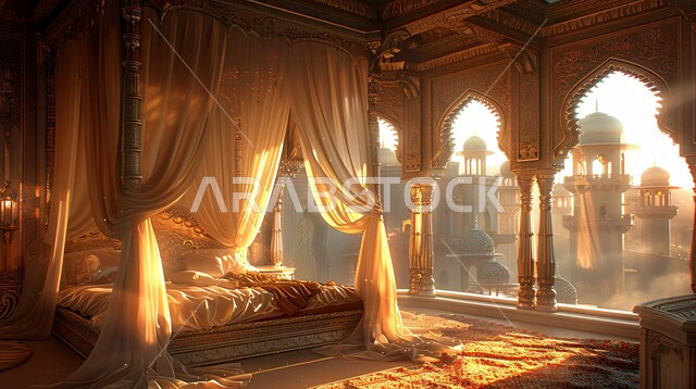 Interior decorations for bedrooms and luxury canopy beds, elegant designs for Gulf palaces, residential apartments and villas in the Kingdom of Saudi Arabia, architectural engineering art and elegant furniture in calm colors, the concept of comfort and relaxation