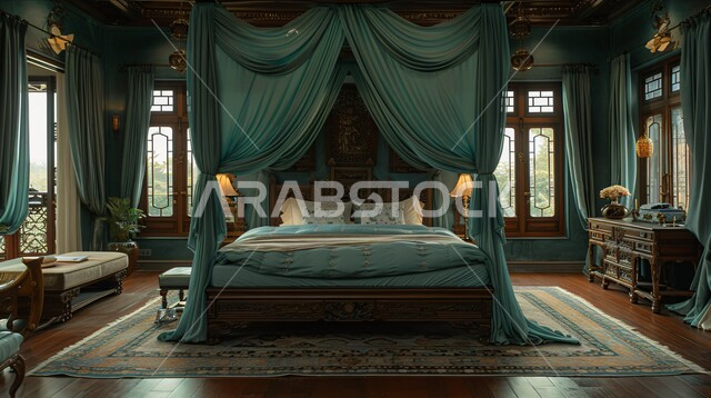Residential apartments and villas in Saudi Arabia, architectural engineering art and high-end furniture in calm colors, the concept of comfort and relaxation, interior decorations for bedrooms and luxurious canopied beds, modern designs for Gulf palaces