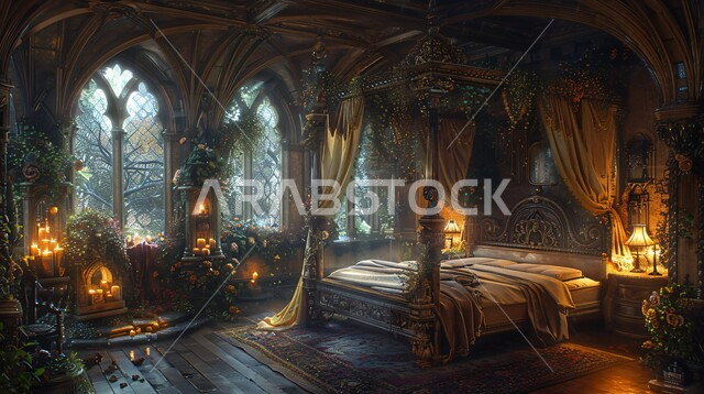 سرير مظلل في إحدى القصور في المملكة العربية السعودية, الفن الهندسي المعماري الخليجي, شقق ومنازل بتصاميم فاخرة, التصاميم والديكورات على الطراز العربي القديم, أثاث منزلي خشبي مزخرف