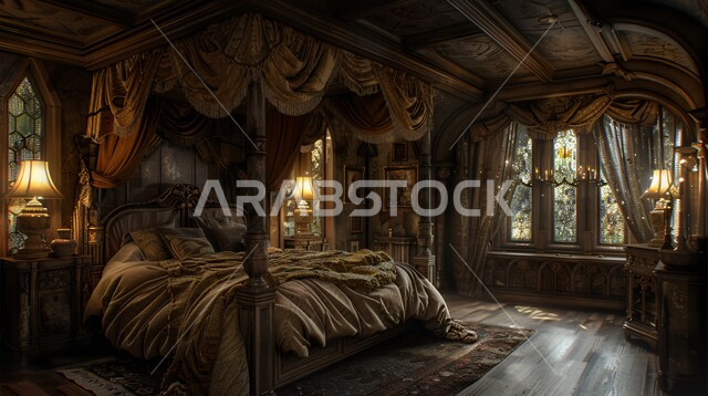 سرير مظلل في إحدى القصور في المملكة العربية السعودية, الفن الهندسي المعماري الخليجي, شقق ومنازل بتصاميم فاخرة, التصاميم والديكورات على الطراز العربي القديم, أثاث منزلي خشبي مزخرف