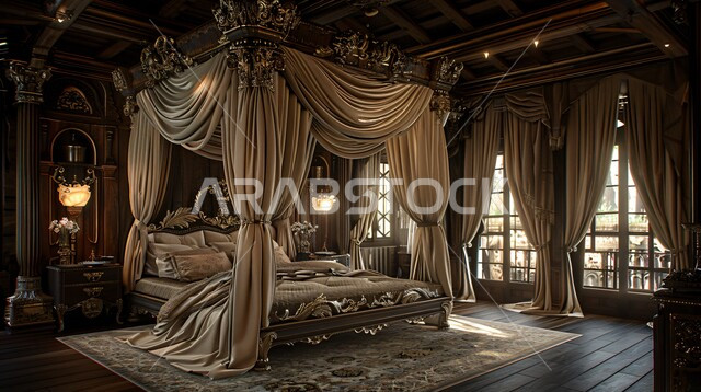 سرير مظلل في إحدى القصور في المملكة العربية السعودية, الفن الهندسي المعماري الخليجي, شقق ومنازل بتصاميم فاخرة, التصاميم والديكورات على الطراز العربي القديم, أثاث منزلي خشبي مزخرف