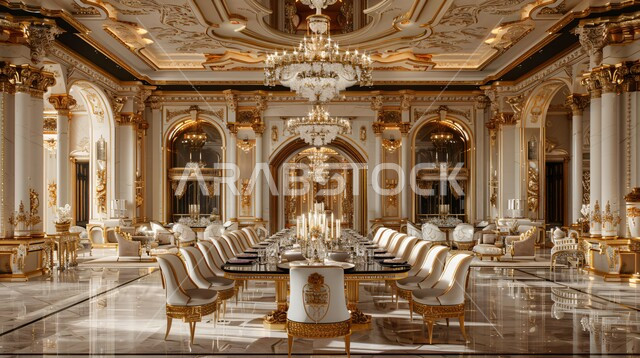 غرفة سفرة بتصاميم راقية باللون الذهبي والأبيض, الفنون الهندسية على الطراز الفني الانيق في الاثاث المنزلي، شقق وفلل سكنية في المملكة العربية السعودية, ديكورات منزلية داخلية حديثة لغرف الطعام