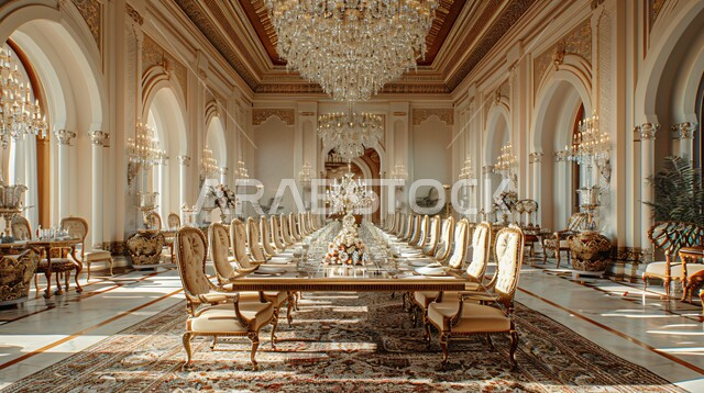 الفنون الهندسية على الطراز الفني الانيق في الاثاث المنزلي، شقق وفلل سكنية في المملكة العربية السعودية, ديكورات منزلية داخلية حديثة لغرف الطعام، غرفة سفرة بتصاميم راقية باللون الذهبي والأبيض