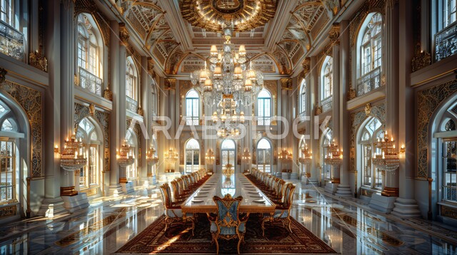 ديكورات منزلية داخلية حديثة لغرف الطعام، غرفة سفرة بتصاميم راقية باللون الذهبي والأبيض, الفنون الهندسية على الطراز الفني الانيق في الاثاث المنزلي، شقق وفلل سكنية في المملكة العربية السعودية