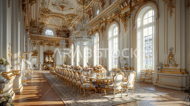 ديكورات منزلية داخلية حديثة لغرف الطعام، غرفة سفرة بتصاميم راقية باللون الذهبي والأبيض, الفنون الهندسية على الطراز الفني الانيق في الاثاث المنزلي، شقق وفلل سكنية في المملكة العربية السعودية