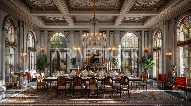 Modern interior home furniture and decorations for dining rooms, dining room with elegant designs, engineering arts in an elegant artistic style in home furniture, residential apartments and villas in the Kingdom of Saudi Arabia