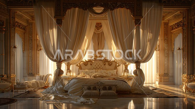 Architectural engineering art and high-end furniture in calm colors, the concept of comfort and relaxation, the interior decoration of luxurious Gulf homes, bedrooms with modern designs in one of the old palaces in the Kingdom of Saudi Arabia