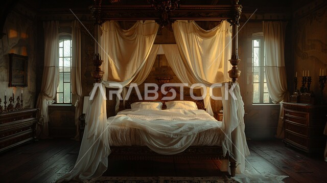 الفن الهندسي المعماري والأثاث الراقي بألوان هادئة, مفهوم الراحة والاسترخاء, الديكورات الداخلية للمنازل الخليجية الفاخرة, غرف نوم بتصاميم حديثة في إحدى القصور القديمة في المملكة العربية السعودية