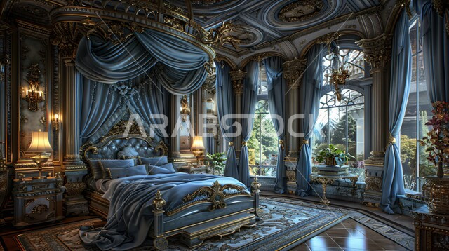 غرف نوم بتصاميم حديثة في إحدى القصور القديمة في المملكة العربية السعودية, الفن الهندسي المعماري والأثاث الراقي بألوان هادئة, مفهوم الراحة والاسترخاء, الديكورات الداخلية للمنازل الخليجية الفاخرة بإطلالة متميزة على الطبيعة