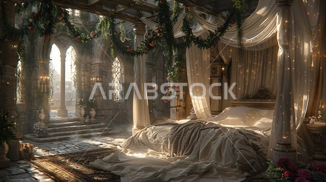 Modern designed bedrooms in one of the old palaces in the Kingdom of Saudi Arabia, architectural engineering art and high-end furniture in calm colors, the concept of comfort and relaxation, interior decorations for luxurious Gulf homes