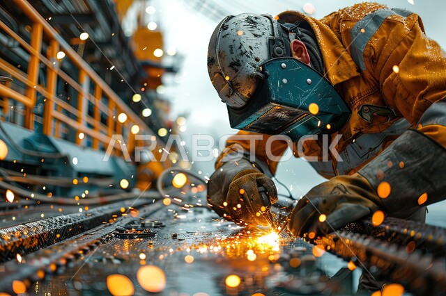 المهارة في اتقان العمل في مصنع الحداده، مصانع المعادن الخام في المملكة العربية السعودية, صورة مقربة لحداد عربي خليجي سعودي يرتدي ملابس الحماية يقوم بلحام الحديد، خط إنتاج الفولاذ والمعادن المختلفة, الآلات والمعدات الثقيلة