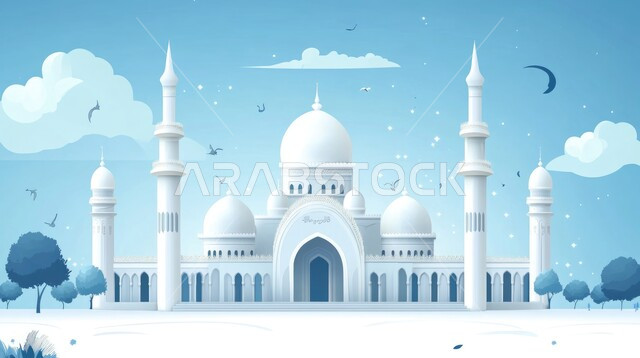 أماكن العبادة والصلاة والخشوع ،الفن الهندسي المعماري على الطراز العربي الإسلامي للقبب والمآذن باللون الأبيض ،رسوم توضيحية ثلاثية الأبعاد لمسجد في المملكة العربية السعودية ،مفهوم العبادة والتقرب من الله ،خلفية السماء زرقاء