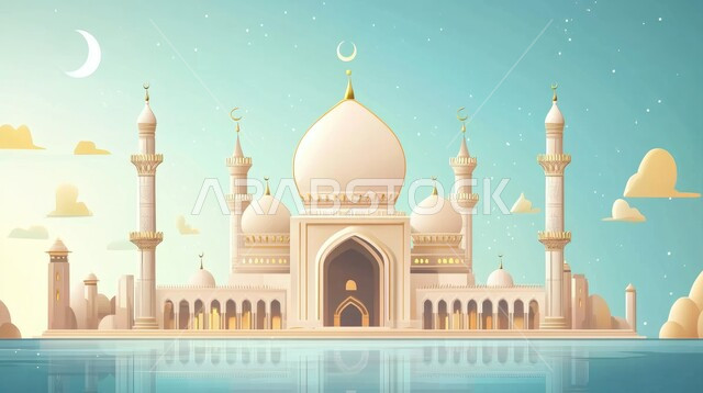 الفن الهندسي المعماري على الطراز العربي الإسلامي للقبب والمآذن باللون الأبيض ،رسوم توضيحية ثلاثية الأبعاد لمسجد في المملكة العربية السعودية ،مفهوم العبادة والتقرب من الله ،أماكن العبادة والصلاة والخشوع ،خلفية زرقاء