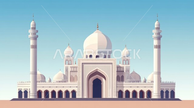 رسوم توضيحية ثلاثية الأبعاد لمسجد في المملكة العربية السعودية ،دعوة المسلمين للصلاة والتقرب من الله ،مسجد  يتميز في تصاميمه التي تشير إلى الإسلام ،الفن الهندسي المعماري على الطراز الإسلامي القلب والمآذن