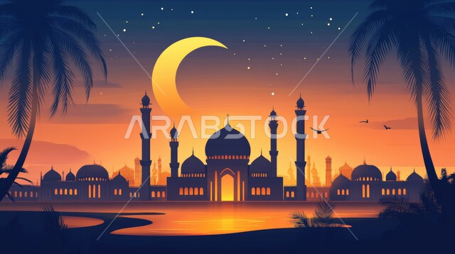 الأجواء الرمضانية الروحانية ،صورة ظلية للمسجد وهلال شهر رمضان المبارك ، مفهوم العبادة والتقرب إلى الله ،تصاميم توضيحية ثلاثية الأبعاد للمآذن والقبب المزخرفة للمساجد الإسلامية في المملكة العربية السعودية ،استعداد المسلمين لاستقبال شهر الخير