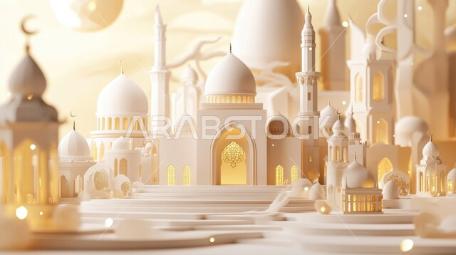زينة الأعياد والمناسبات الدينية، الديكورات والتصاميم الهندسية المميزة في رمضان المبارك, قدوم شهر الخير، مجسمات ثلاثية الأبعاد باللون الأبيض لمآذن وقبب المساجد الاسلامية, مفهوم العبادة والتقرب الى الله تعالى 