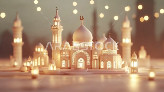 زينة الأعياد والمناسبات الدينية، الديكورات والتصاميم الهندسية المميزة في رمضان المبارك, قدوم شهر الخير، مجسمات ثلاثية الأبعاد باللون الأبيض لمآذن وقبب المساجد الاسلامية, مفهوم العبادة والتقرب الى الله تعالى