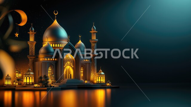 مجسم ثلاثي الأبعاد لمآذن وقبب المساجد الاسلامية, الفوانيس المعدنية المضيئة في وقت الليل, مفهوم العبادة والتقرب الى الله تعالى, زينة الأعياد والمناسبات الدينية, الديكورات والتصاميم الهندسية المميزة في رمضان المبارك, قدوم شهر الخير