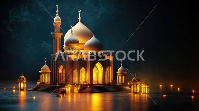 مجسم ثلاثي الأبعاد لمآذن وقبب المساجد الاسلامية, الفوانيس المعدنية المضيئة في وقت الليل, مفهوم العبادة والتقرب الى الله تعالى, زينة الأعياد والمناسبات الدينية, الديكورات والتصاميم الهندسية المميزة في رمضان المبارك, قدوم شهر الخير