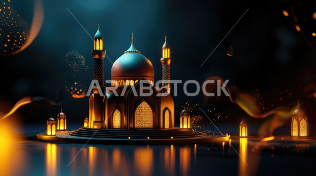 الديكورات والتصاميم الهندسية المميزة في رمضان المبارك, قدوم شهر الخير، مجسم ثلاثي الأبعاد لمآذن وقبب المساجد الاسلامية, الفوانيس المعدنية المضيئة في وقت الليل، مفهوم العبادة والتقرب الى الله تعالى, زينة الأعياد والمناسبات الدينية