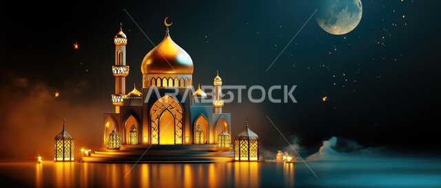 مفهوم العبادة والتقرب الى الله تعالى, زينة الأعياد والمناسبات الدينية, الديكورات والتصاميم الهندسية المميزة في رمضان المبارك, قدوم شهر الخير، مجسم ثلاثي الأبعاد لمآذن وقبب المساجد الاسلامية, الفوانيس المعدنية المضيئة في وقت الليل