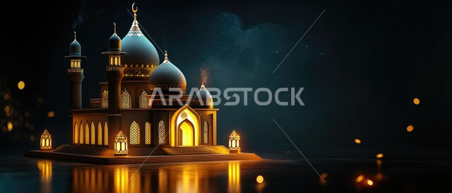 Luminous metal lanterns at night, the concept of worship and getting closer to God Almighty, decorations for religious holidays and occasions, distinctive decorations and engineering designs in the blessed month of Ramadan, the arrival of the month of goodness, three-dimensional illustrations of minarets and domes of Islamic mosques