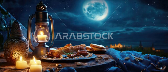 مائدة رمضانية بالمأكولات البحرية الشهية، فنون تقديم الطعام، وجبات غذائية صحية غنية بالبروتين، فانوس عربي تقليدي, منظر السماء المليئة بالنجوم المتلألأة والقمر المنير