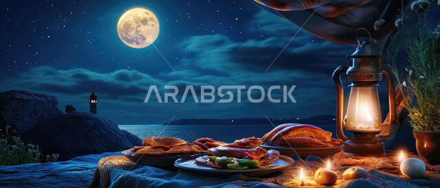 مائدة رمضان غنية بالمأكولات البحرية الشهية، فنون تقديم الطعام على شاطئ البحر، وجبات غذائية صحية غنية بالبروتين، فانوس عربي تقليدي مضيئ، منظر السماء المليئة بالنجوم المتلألأة والقمر المنير