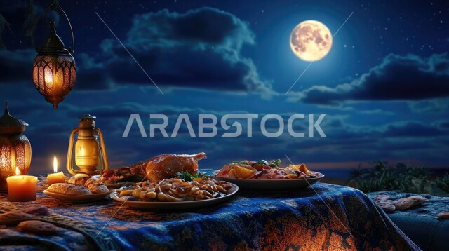 فنون تقديم الطعام على شاطئ البحر، وجبات غذائية صحية غنية بالبروتين، فانوس عربي تقليدي مضيء معلق، منظر السماء مع البدر المنير والنجوم المتلألأة, مائدة رمضان مليئة بالمأكولات البحرية الشهية