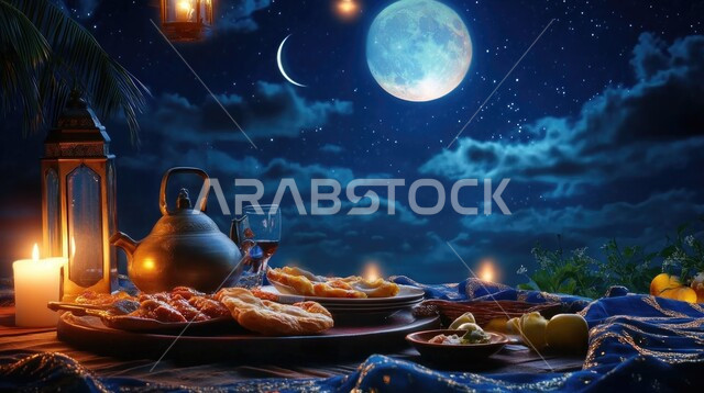 وجبات غذائية صحية غنية بالبروتين، فانوس عربي تقليدي مضيء معلق، منظر السماء مع البدر المنير والنجوم المتلألأة, مائدة رمضان مليئة بالمأكولات البحرية الشهية, فنون تقديم الطعام 