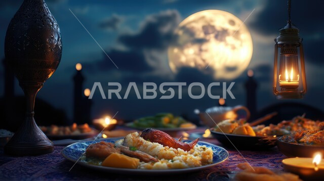 فانوس عربي تقليدي مضيء معلق، منظر السماء مع البدر المنير، مائدة رمضان مليئة بالمأكولات البحرية الشهية، وجبات غذائية صحية غنية بالبروتين