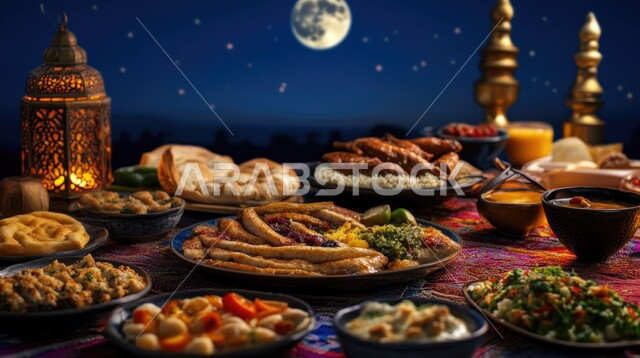 وجبات غذائية صحية غنية بالبروتين، فانوس عربي تقليدي مضيء، منظر السماء المليئة بالنجوم المتلألأة والقمر المنير، مائدة رمضان غنية بالمأكولات البحرية الشهية