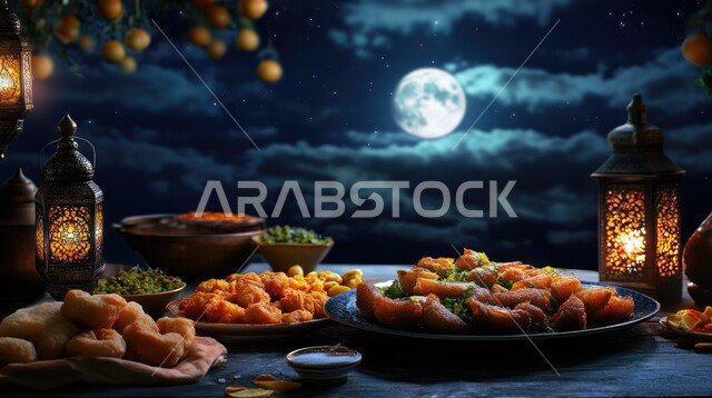 وجبات غذائية صحية غنية بالبروتين، فانوس عربي تقليدي مضيء، منظر السماء مع البدر المنير، مائدة رمضان مليئة بالمأكولات البحرية الشهية، فنون تقديم الطعام