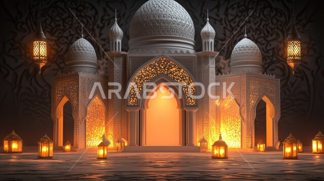 الفوانيس المعدنية المتوهجة للاحتفال بالأجواء الرمضانية الروحية ،مفهوم العبادة والتقرب إلى الله ،تصاميم توضيحية ثلاثية الأبعاد للمآذن والقبب المزخرفة للمساجد الإسلامية ،السرور  والبهجة بقدوم شهر الخير 