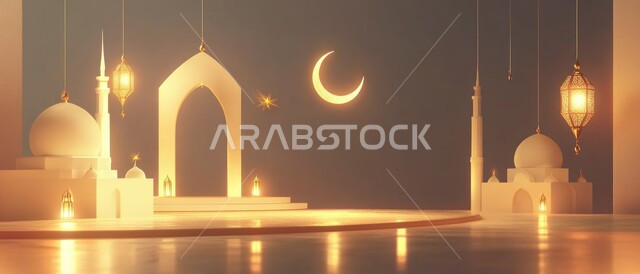 زينة الأعياد والمناسبات الدينية، الديكورات والتصاميم الهندسية المميزة في رمضان المبارك, قدوم شهر الخير، مجسمات ثلاثية الأبعاد باللون الأبيض لمآذن وقبب المساجد الاسلامية, مفهوم العبادة والتقرب الى الله تعالى