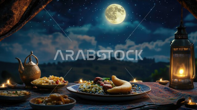 استقبال شهر الخير والبركة ،موائد الإفطار الجماعية في رمضان المبارك المليئة بأنواع الأطعمة والمأكولات ،الإحتفال بالأعياد والمناسبات الإسلامية في المملكة العربية السعودية، الفوانيس المعدنية المزخرفة والديكورات الرمضانية المضاءة، منظر البدرالمضيء في السماء