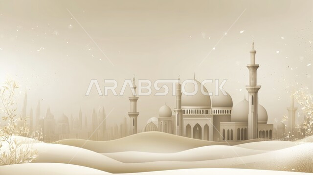 الفن الهندسي المعماري لمسجد وسط التلال والكثبان الرملية الذهبية الناعمة في المملكة العربية السعودية ،مناطق البادية والبيئة الطبيعية الصحراوية ،مفهوم العبادة والتقرب إلى الله ،المآذن والقبب على الطراز الإسلامي