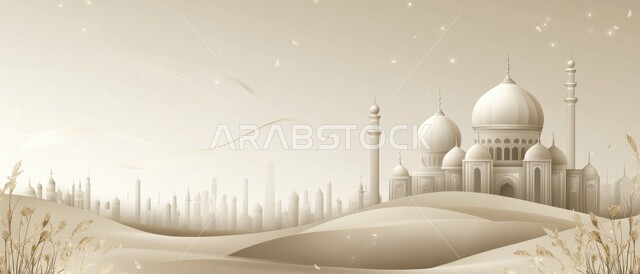 الفن الهندسي المعماري لمسجد باللون الأبيض وسط التلال والكثبان الرملية الذهبية الناعمة في المملكة العربية السعودية ،مناطق البادية والبيئة الطبيعية الصحراوية ،مفهوم العبادة والتقرب إلى الله ،المآذن والقبب على الطراز الإسلامي