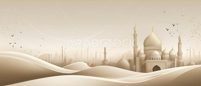 3D design of a white mosque among the soft golden sands of the desert, the architectural art of religious mosques amidst the hills and sand dunes of the Kingdom of Saudi Arabia, the desert areas and the natural desert environment, the concept of worship and getting closer to God, minarets and domes in the Islamic style
